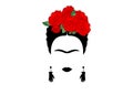 Portrait of Mexican or Spanish woman minimalist Frida with earrings hands and red flowers, vector isolated Royalty Free Stock Photo