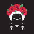 Portrait Of Mexican Or Spanish Woman Minimalist Frida Kahlo With Earrings Skulls And Red Flowers , Black Background