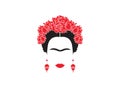 Portrait of Mexican or Spanish woman minimalist Frida Kahlo with earrings skulls and red flowers , isolated