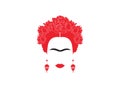 Portrait of Mexican or Spanish woman minimalist Frida Kahlo with earrings skulls and red flowers , isolated