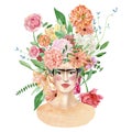 Portrait of a Mexican woman with bright bouquets. Women figure with Flowers. Beautiful floral girl. Female art illustration Royalty Free Stock Photo