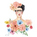 Portrait of a Mexican woman with bright bouquets. Women figure with Flowers. Beautiful floral girl. Female art illustration of wom Royalty Free Stock Photo