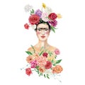 Portrait of a Mexican woman with bright bouquets. Women figure with Flowers. Beautiful girl with a floral. Female art illustration Royalty Free Stock Photo