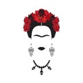 Portrait of Frida Kahlo minimalist Mexican woman with skulls of earrings and red flowers, Mexican Catrina, isolated Royalty Free Stock Photo