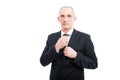 Portrait of middle age business man holding his tie Royalty Free Stock Photo