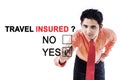 Businessman with text of travel insured