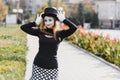 Portrait of a mime comedian. mime girl on the street Royalty Free Stock Photo