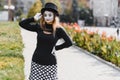 Portrait of a mime comedian. mime girl on the street