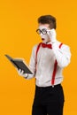 Portrait of mime man artist with book