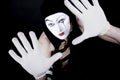 Portrait of mime in white gloves Royalty Free Stock Photo