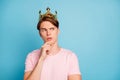 Portrait of minded pensive guy have golden tiara imagine he kind think thoughts choice decision touch hand chin wear