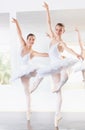 Portrait of mirrored movement. Full length shot of two ballerinas rehearsing in a studio with a mirror behind them.