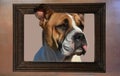 Bulldog in a wooden frame