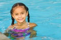 Portrait of mixed race girl in pool