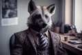 Portrait of a mocking hyena businessman with animal printed suit at the office