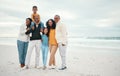 Portrait, mockup and family on beach, holiday and relax together for quality time, smile and break. Love, grandparents Royalty Free Stock Photo