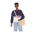 Portrait of modern African student. Happy young black-skinned man wearing casual clothing and crossbody bag. Colored
