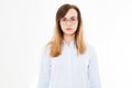 Portrait of modern business woman with glasses isolated on white background.Girl in shirt. Copy space,blank Royalty Free Stock Photo