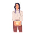 Portrait of modern college student with books. High school pupil holding textbooks in hands. Colored flat vector