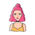 Portrait of modern hipster girl with pink hair vector flat illustration. Face of teenager female with bright makeup and