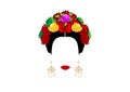 Portrait of modern Mexican or Spanish woman , With flower crowns and precious golden earrings. Vector isolated