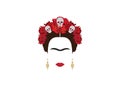 Portrait of modern Mexican woman with skull and red flower, inspiration Santa Muerte in Mexico, vector illustration