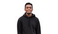 Portrait modern smiling young african man looking at camera wearing a black hoodie isolated on white background Royalty Free Stock Photo