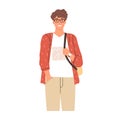 Portrait of modern university student in eyewear. Happy young man wearing casual clothing and backpack. Colored flat