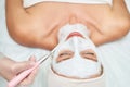 Portrait of moisturizing mask on white background for medical design. Woman Royalty Free Stock Photo