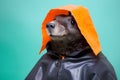 Portrait of a mole wearing a raincoat and an umbrella in studio, colorful background. Autumn concept. Generative AI