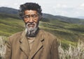 Portrait Mongolian Man Field Senior Tranquil Solitude Concept