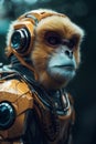 Portrait of a monkey in an astronaut suit with a gas mask.