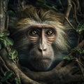 Portrait Of A Monkey Fused With Roots And Green Leaves. Generative AI