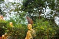 Portrait of monkey sitting on head statue of monk