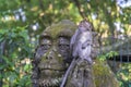 Portrait of a monkey sitting on a stone sculpture of a monkey at sacred monkey forest in Ubud, island Bali, Indonesia . Closeup Royalty Free Stock Photo