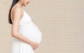 Portrait of 9 month pregnant young asian woman in white dress