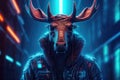 portrait of moose in cyberpunk clothes