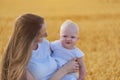 Portrait of mother and child on background of wheat field. Cute baby and young mom. Happy childhood Royalty Free Stock Photo