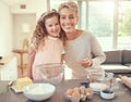 Portrait, mother and child baking in a happy family kitchen with young girl learning to bake a cake or cookies at home Royalty Free Stock Photo