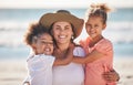 Portrait of mother with child at beach smile, happy and hug with love. Latino woman with children, happy spend time as Royalty Free Stock Photo