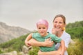 Portrait of a mother and child with cancer having fun in nature Royalty Free Stock Photo