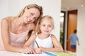 Portrait, mother and child in learning for growth, development and homework with writing in notebook. Parent, daughter Royalty Free Stock Photo