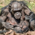 Portrait of mother Chimpanzee with her funny small baby