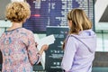 Portrait of mother and daughter looking at flights on monitor in airport