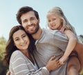 Portrait of mother, father and girl in park for quality time on holiday, weekend and adventure together. Family, love Royalty Free Stock Photo