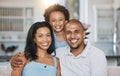 Portrait of mother, father and son on sofa for bonding, quality time and relax with parents at home. Love, living room