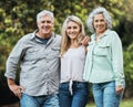 Portrait of mother, father and woman in park on hioliday in Australia together in summer. Happy, relax and love of Royalty Free Stock Photo