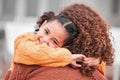 Portrait, mother and girl hug, smile and bonding with quality time, carefree and happiness. Love, mama and daughter Royalty Free Stock Photo