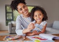 Portrait, mother and girl painting, learning and happy while drawing on a kindergarten creative project together Royalty Free Stock Photo