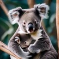 A portrait of a mother koala cradling her baby in a eucalyptus tree2 Royalty Free Stock Photo
